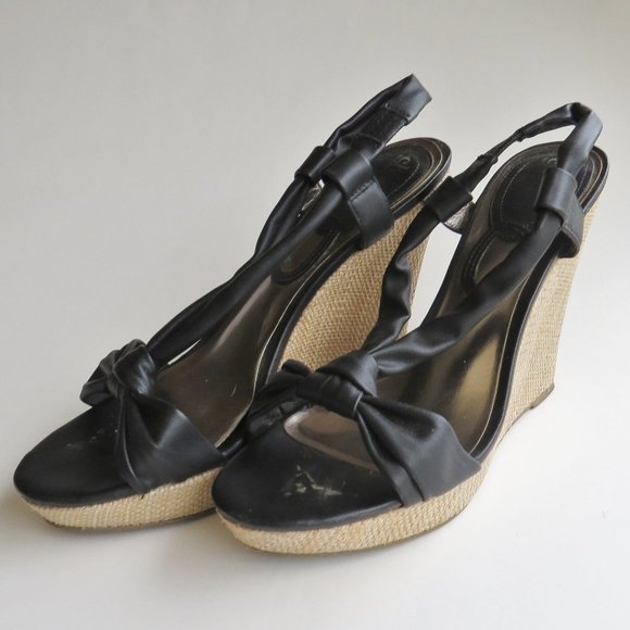 Charles David Knotty BLACK SANDALS Platform Rattan Wedge Heel Slingback 9 M - Picture 1 of 11